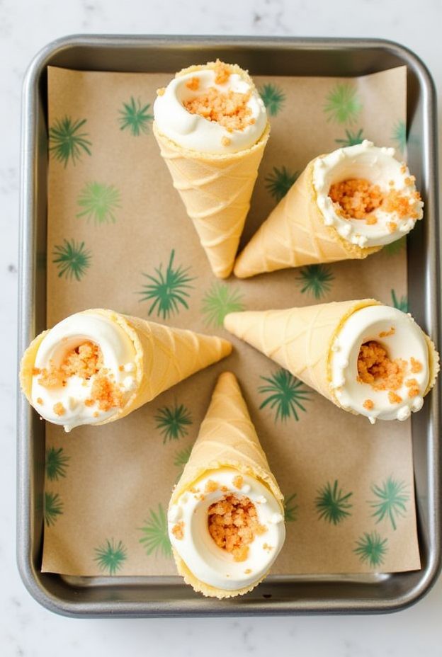 Coconut Custard Cream Horns with toasted coconut flakes in pastry cones on a tray.
