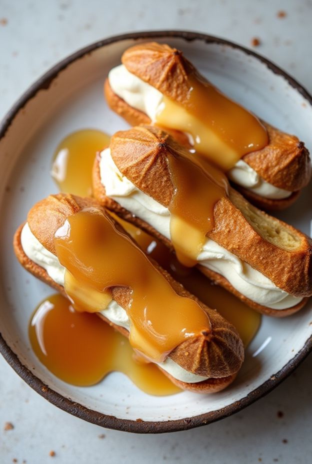 Honey mascarpone eclairs with caramel glaze on a plate, showcasing delectable dessert pastry.