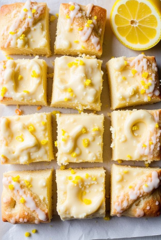 Lemon Cream Croissant Squares topped with sugar glaze and lemon zest, offering a refreshing and sweet treat.