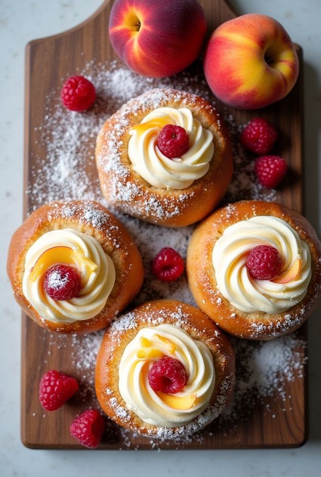 Peach Melba Cream Brioche Buns filled with peach and raspberry custard cream, perfect for summer desserts.