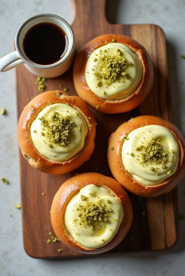 Pistachio Cream Brioche Buns topped with creamy custard and crushed pistachios for a delicious treat.
