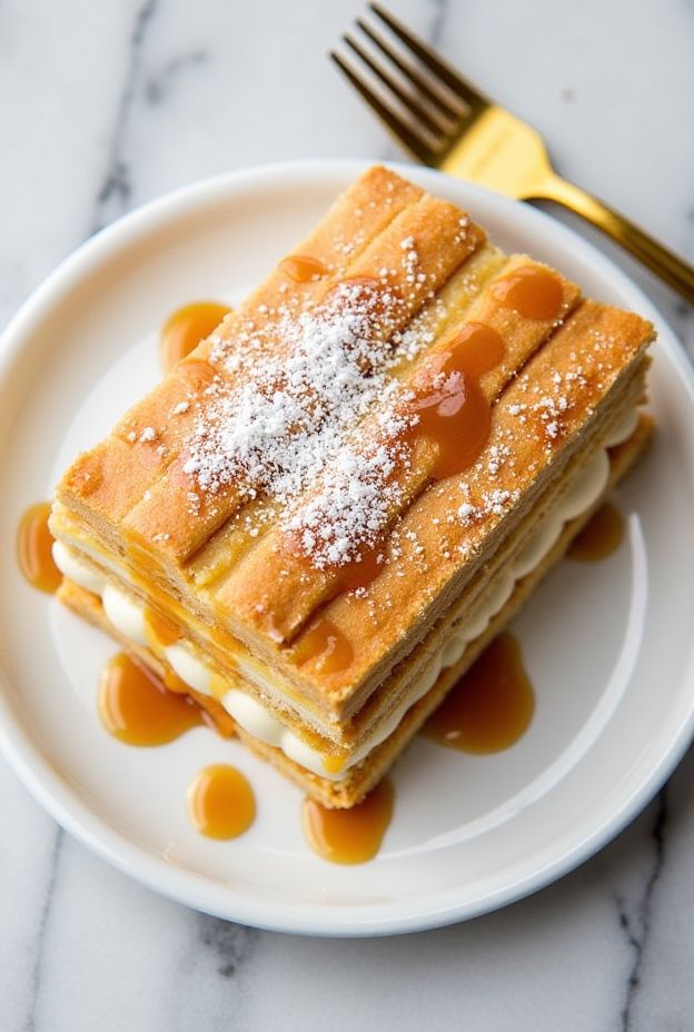 Salted Caramel Cream Mille-Feuille with layers of puff pastry and creamy filling, elegantly presented on a plate.