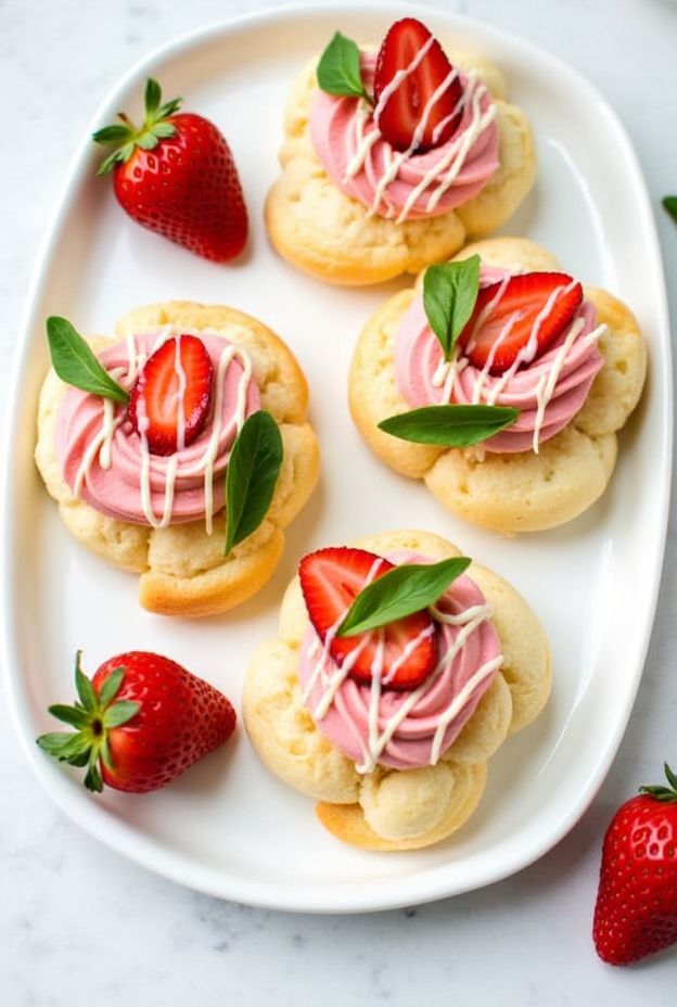 Homemade Strawberry Basil Cream Puffs topped with white chocolate and fresh strawberries on a white platter.