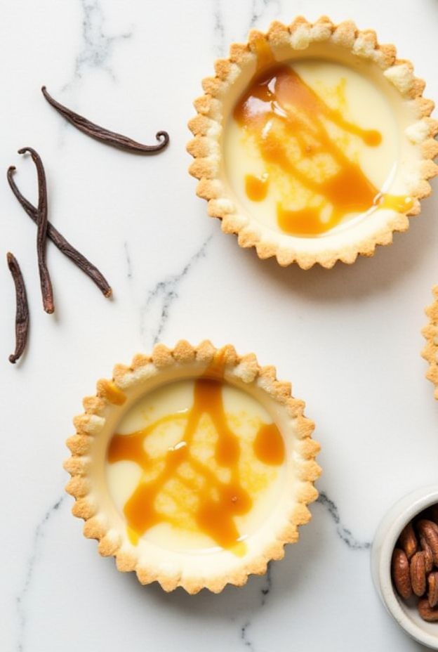 Vanilla bean panna cotta tarts with caramel drizzle, delicious dessert for elegant occasions.