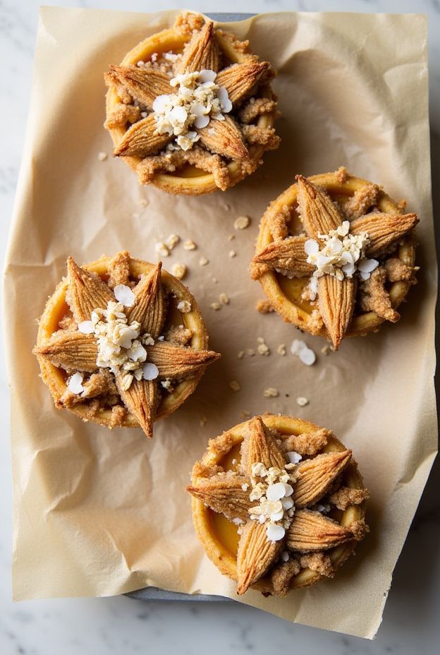 Vegan banana coconut crumble pies with caramelized bananas and oat topping, perfect for plant-based dessert lovers.