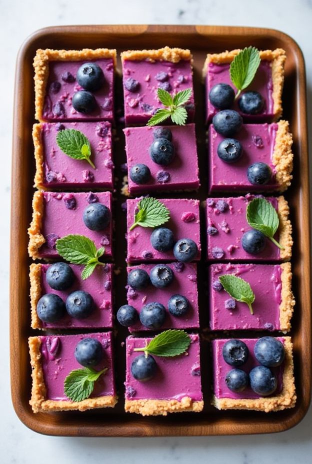 Delicious Vegan Blueberry Cheesecake Bars with cashew cream and nut crust, perfect for any occasion.
