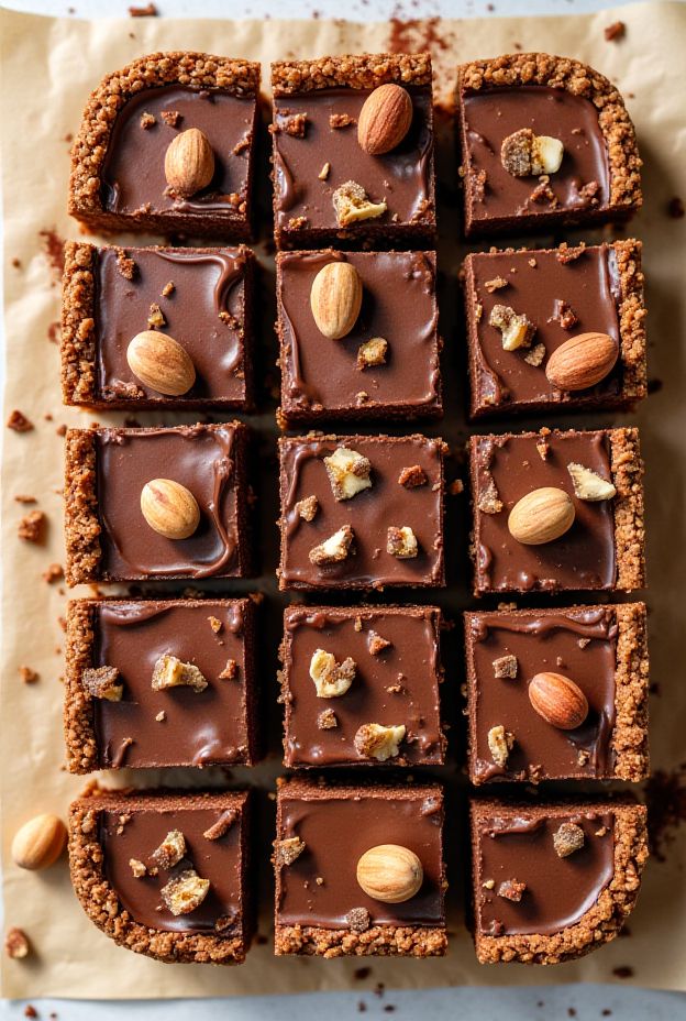Delicious vegan chocolate hazelnut bars featuring a rich hazelnut cocoa filling over a crunchy oat and almond base.