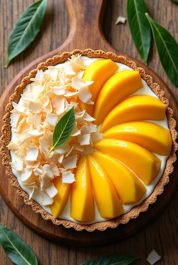 Vegan Coconut Mango Tart with almond crust and creamy mango filling topped with coconut flakes.