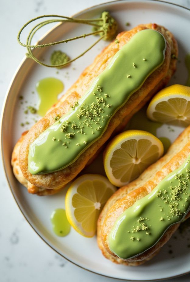 Vegan Matcha Lemon Eclairs with vibrant green glaze and lemon slices.
