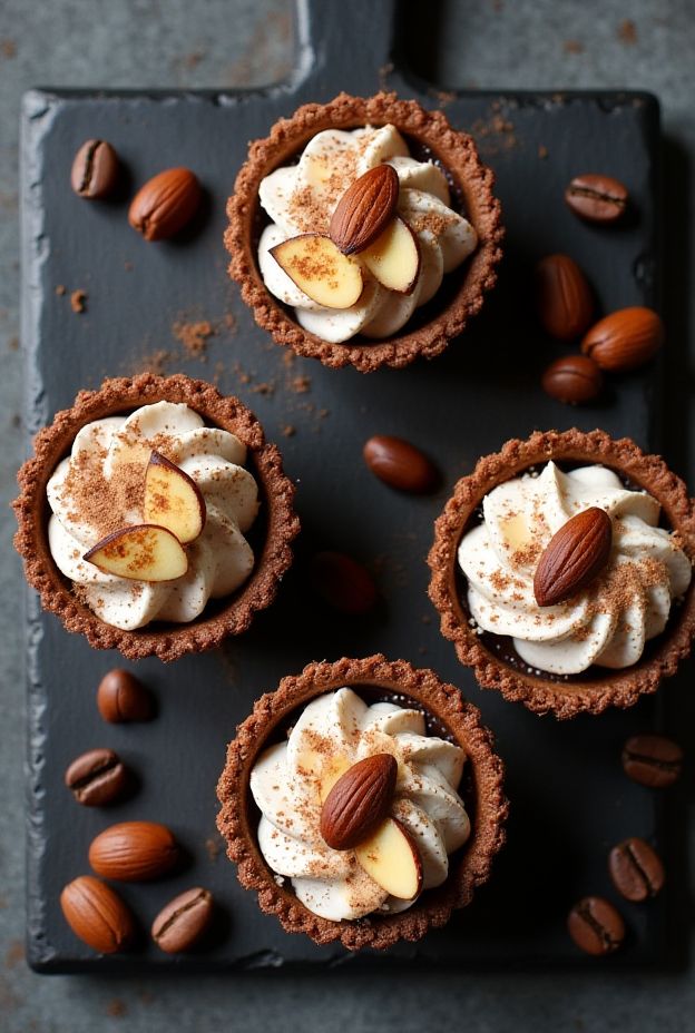 Vegan Mocha Almond Tartlets topped with coconut whip and almonds, showcasing a rich chocolate and coffee flavor.