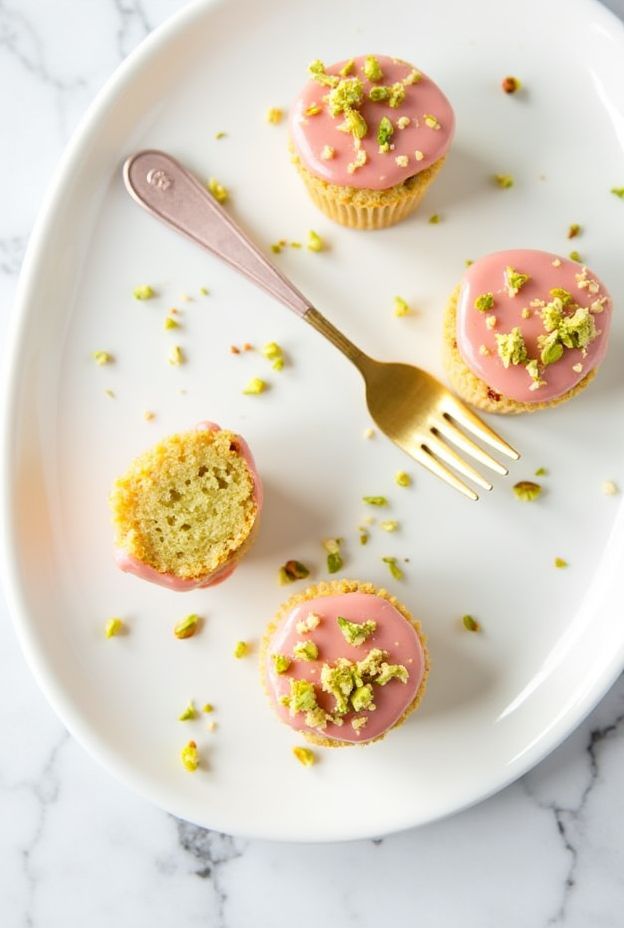 Vegan Pistachio Rose Cake Bites on a plate with a fork, showcasing their delicious glaze and pistachio topping.