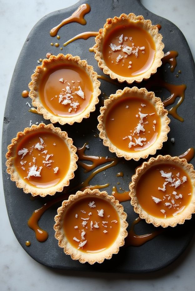 Vegan Salted Caramel Tarts with coconut caramel and almond crust topped with sea salt flakes on a dark board.