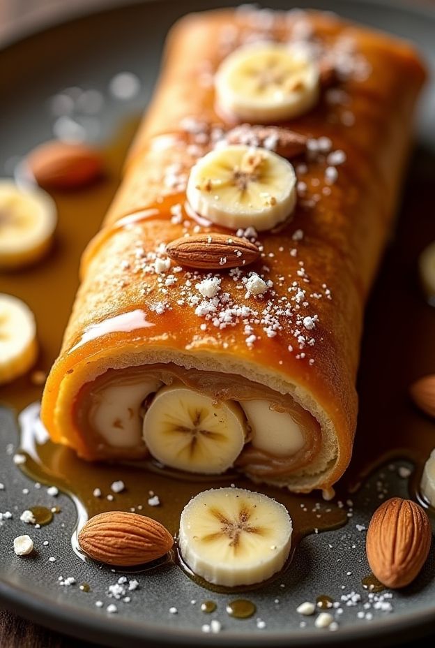 Almond butter banana strudel made with phyllo pastry, topped with sliced bananas and almonds, syrup drizzled.