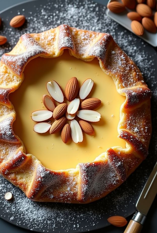 Rustic Almond Cream Galette with Frangipane Filling and Almond Garnish.