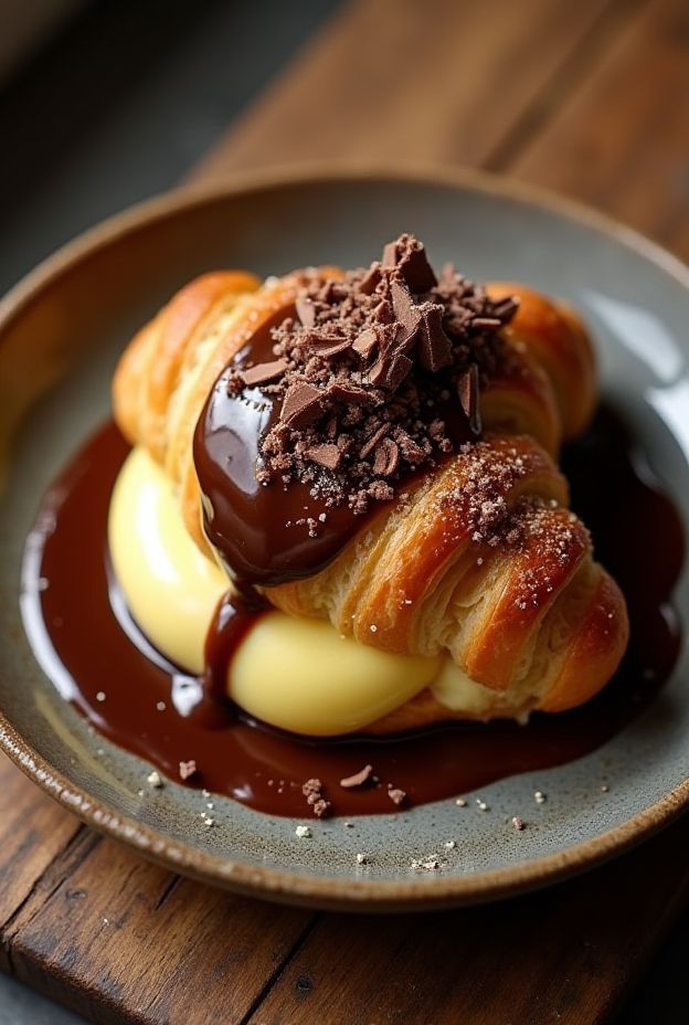 Boston Cream Croissant filled with vanilla custard and topped with chocolate glaze.