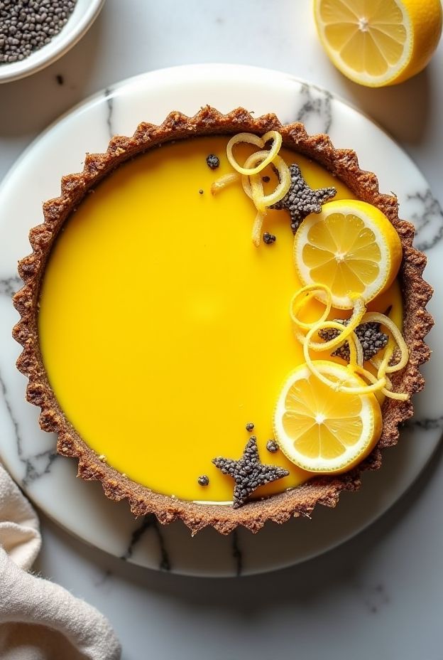 Vegan Chia Seed Lemon Tart with coconut crust, topped with fresh lemon slices and chia seeds, perfect dessert.