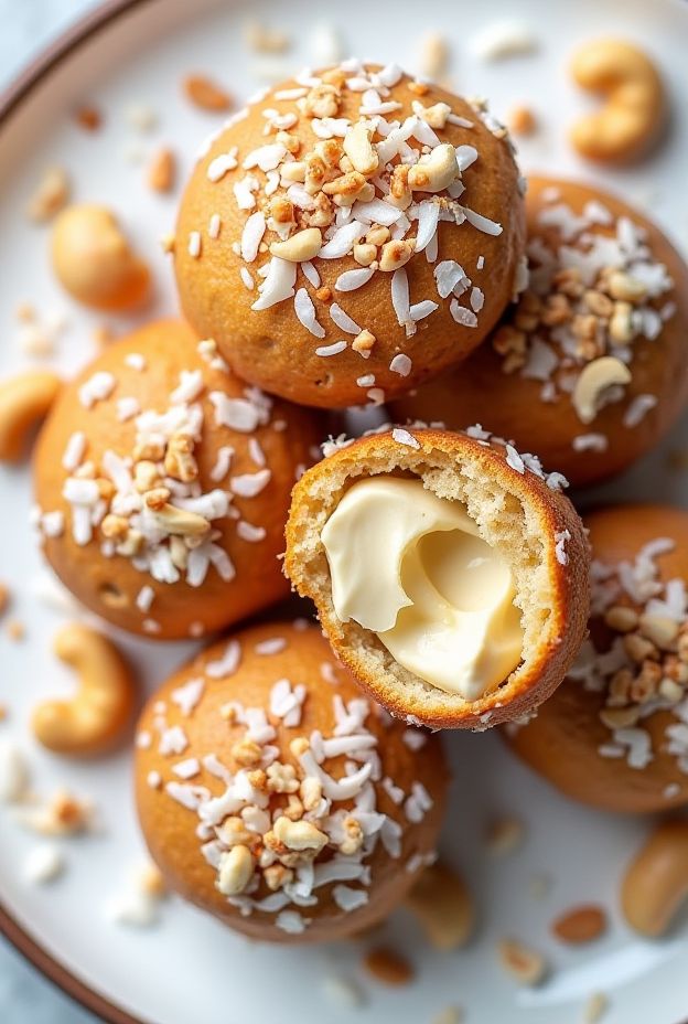 Vegan Coconut Cashew Cream Puffs with cashew cream filling and coconut topping.