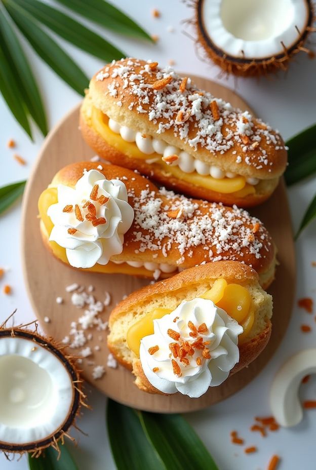 Coconut Cream Pie Éclairs filled with coconut custard and topped with whipped cream, ideal for tropical dessert fans.