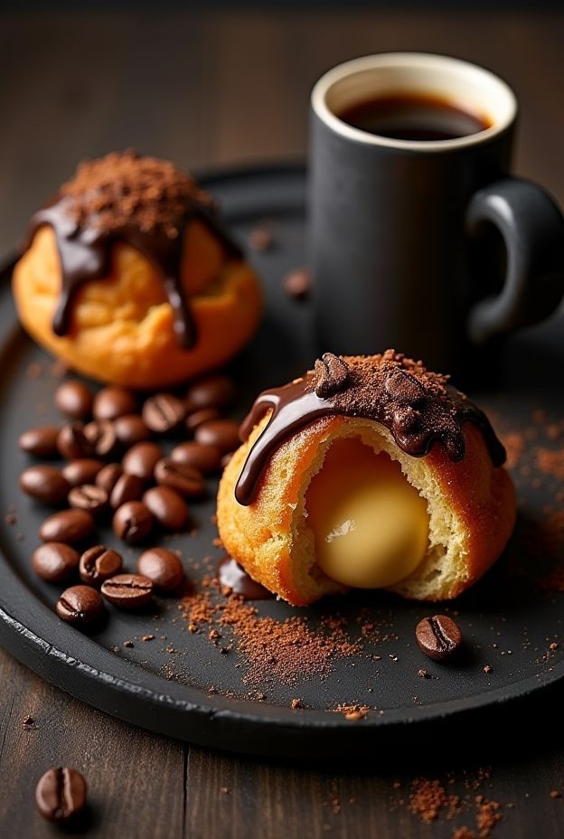 Coffee Cream Profiteroles filled with rich espresso custard served with a cup of coffee on a dark plate.
