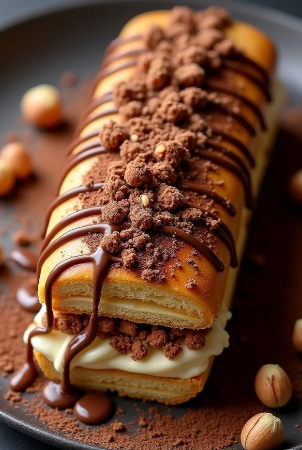 Hazelnut Praline Mille-Feuille with layers of puff pastry, hazelnut custard, and praline crunch, garnished with chocolate drizzle.