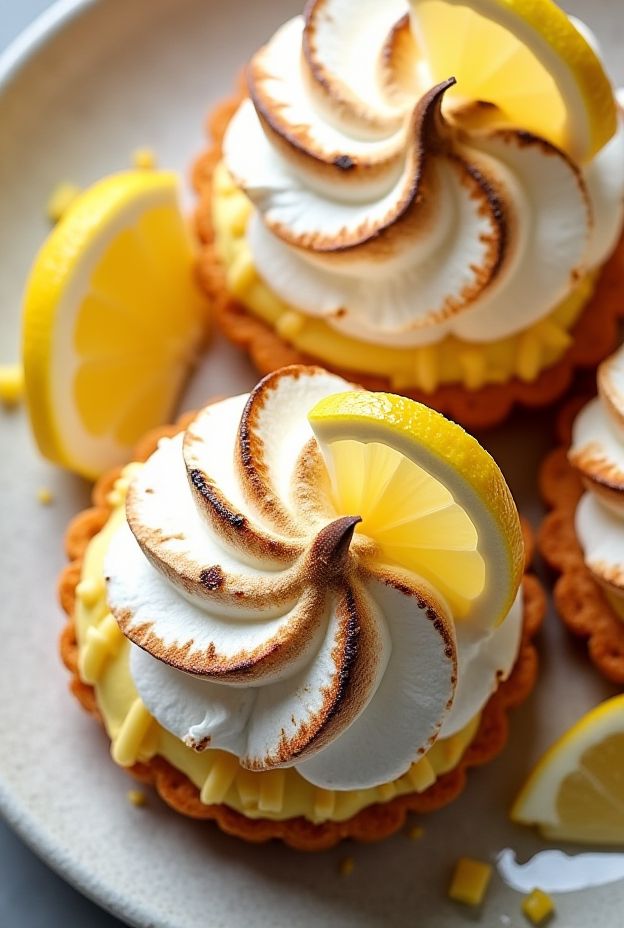 Zesty Lemon Meringue Choux Buns topped with torched meringue and garnished with lemon slices.