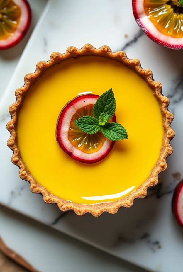 A beautiful Passionfruit Cream Tart featuring a buttery crust and a vibrant yellow custard filling garnished with citrus slices.