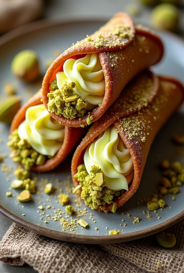 Pistachio Cream Cannoli with creamy filling and crushed pistachios, an elegant Italian pastry dessert.