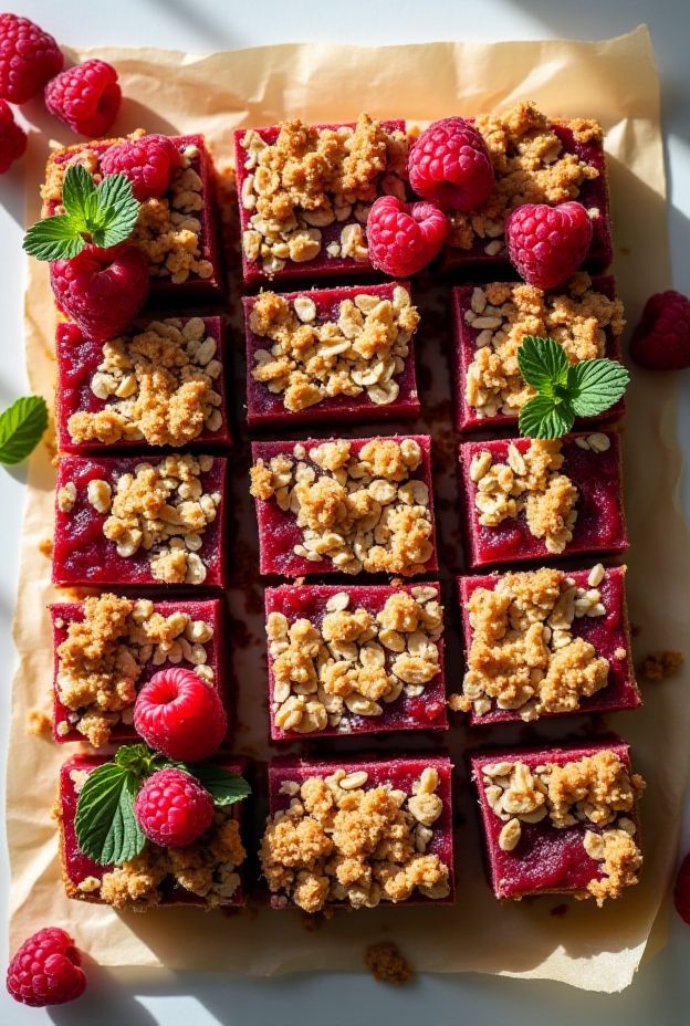 Delicious Raspberry Oat Crumble Bars with a crunchy topping and rich raspberry middle, perfect for healthy snacking.