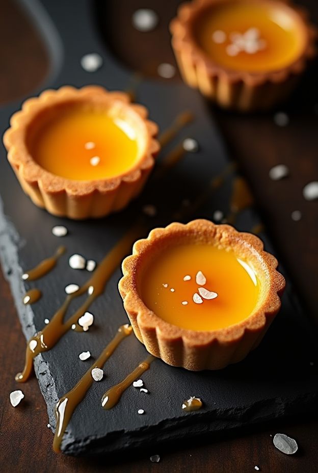 Mini Salted Caramel Custard Tarts with a creamy filling and crispy pastry, drizzled with caramel.