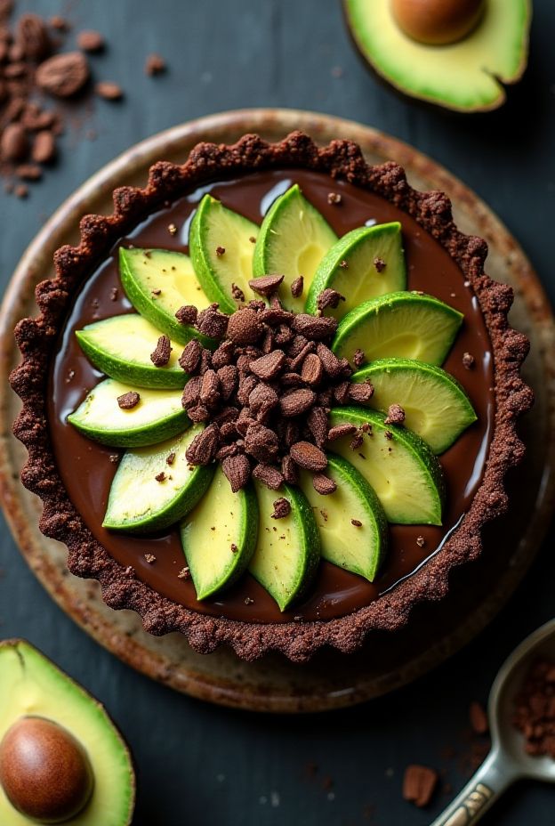 Vegan Chocolate Avocado Tart with nut crust and creamy avocado-chocolate filling, garnished with lime slices.