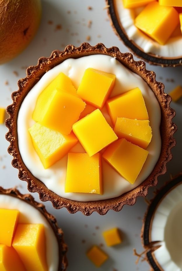 Vegan Mango Sticky Rice Tart featuring coconut cream and mango slices in a crispy tart shell.