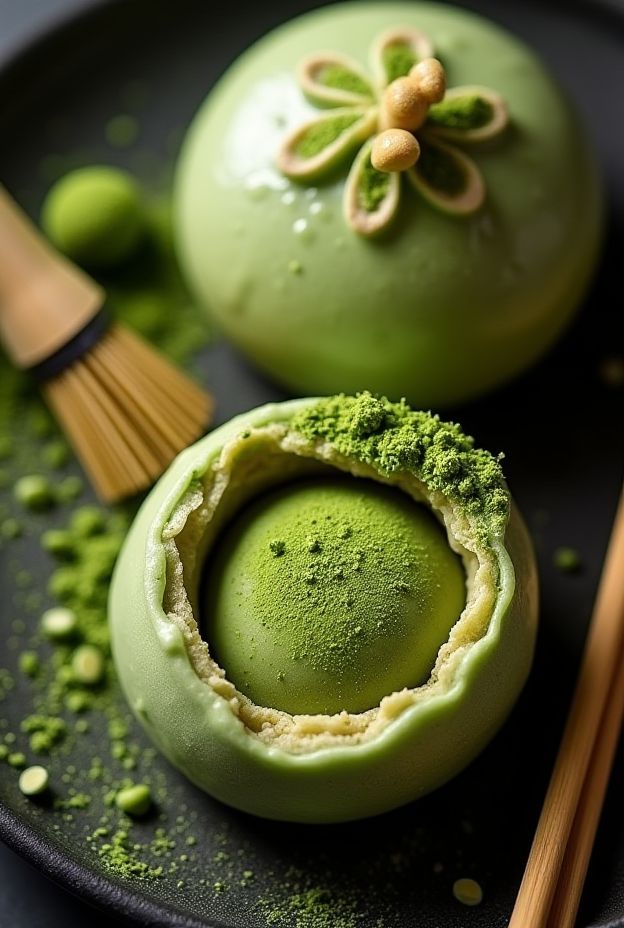 Vegan Matcha Mochi Buns filled with red bean paste, a perfect blend of textures and flavors for plant-based desserts.
