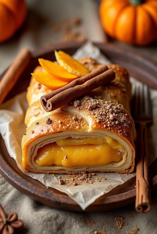 Laminated vegan pastry filled with spiced pumpkin custard, perfect for autumn gatherings and cozy occasions.