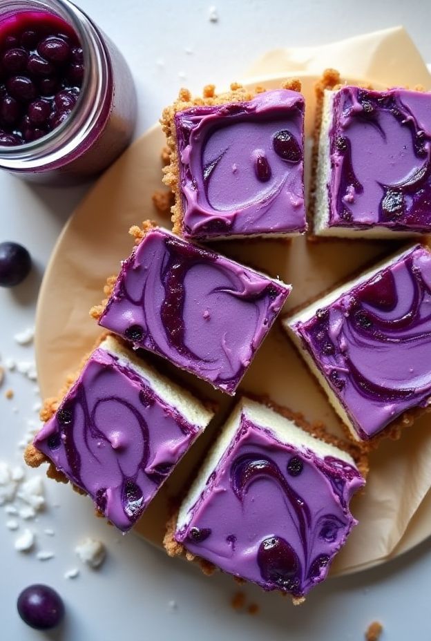 Vegan Ube Cheesecake Bars with creamy swirls of purple ube on a buttery crust.